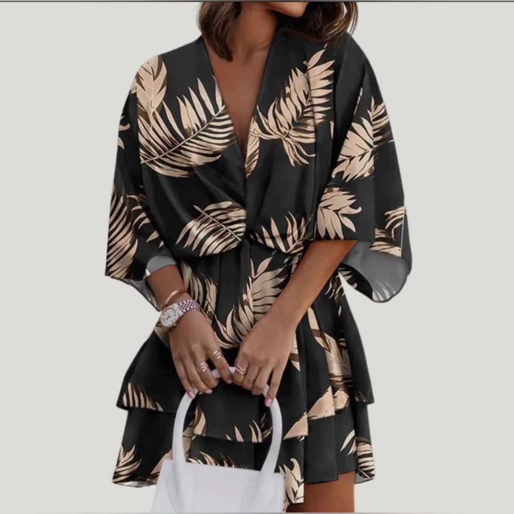 Black and Tan Leaf Print Dress / Cover-Up